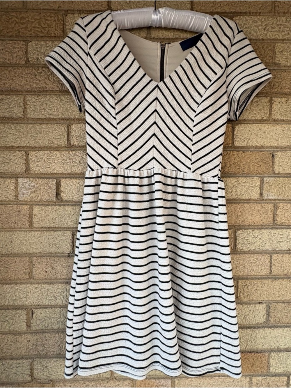 Striped V-Neck Fit and Flare Mini Dress in White and Black